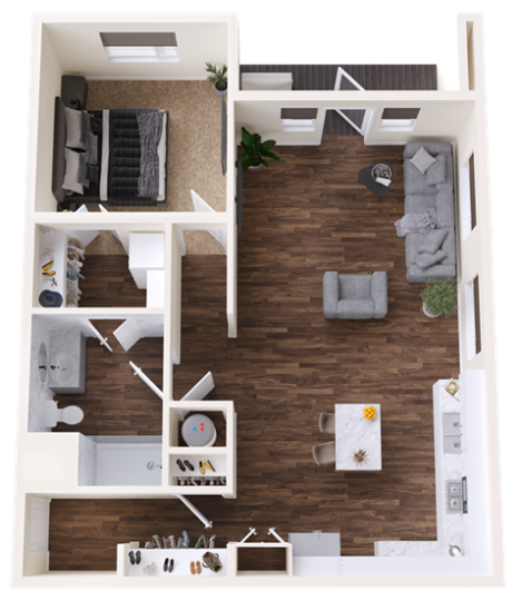 a 3d rendering of a two bedroom apartment at The BroadVue